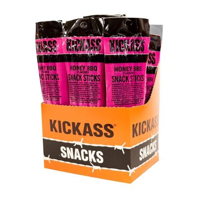Kickass Honey BBQ Meat Sticks 16ct Case - 2oz Twin Packs of Pork and Beef Jerky Snack Sticks - Beef Stick Meat Snacks - Jerky Sticks