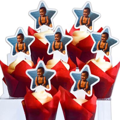 100 Pack of Custom Photo Cupcake Toppers, Plastic Personalized Cupcake Picks 2x4 Inches, Upload 1 Photo, American Made (Star Shape)