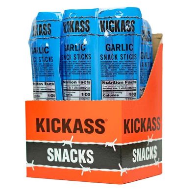 Kickass Garlic Meat Sticks 16ct Case - 2oz Twin Packs of Pork and Beef Jerky Snack Sticks - Beef Stick Meat Snacks - Jerky Sticks