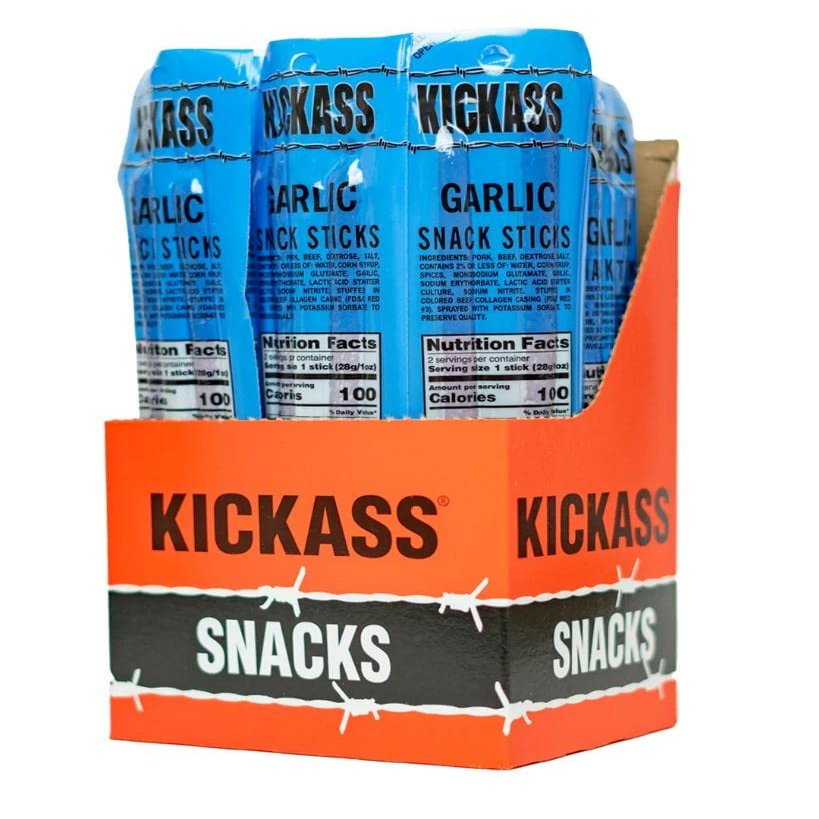 Kickass Garlic Meat Sticks 16ct Case - 2oz Twin Packs of Pork and Beef Jerky Snack Sticks - Beef Stick Meat Snacks - Jerky Sticks