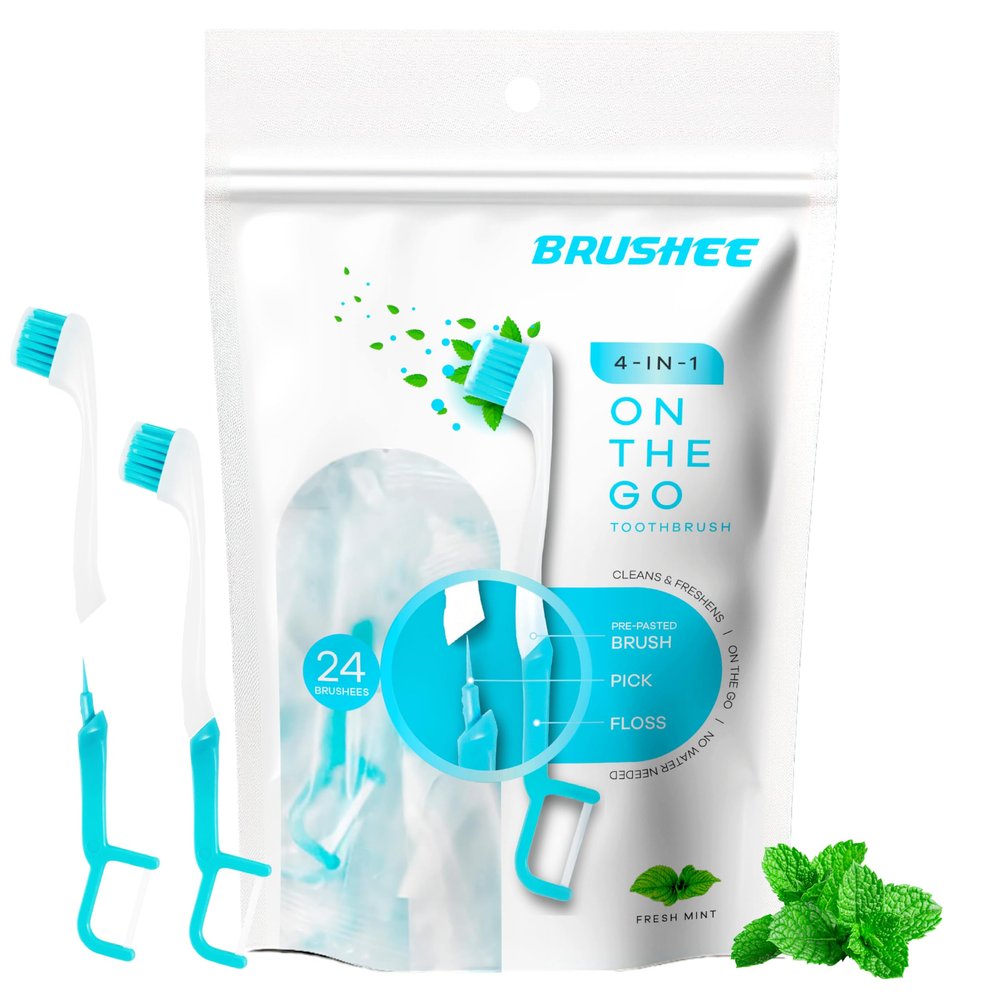 Brushee - The Evolution of Oral Care | 4-in-1 Tool (Paste + Brush + Floss + Pick) | Individually Wrapped | Disposable | Prepasted Travel Toothbrushes | Small Adult Toothbrush - (48-Pack)