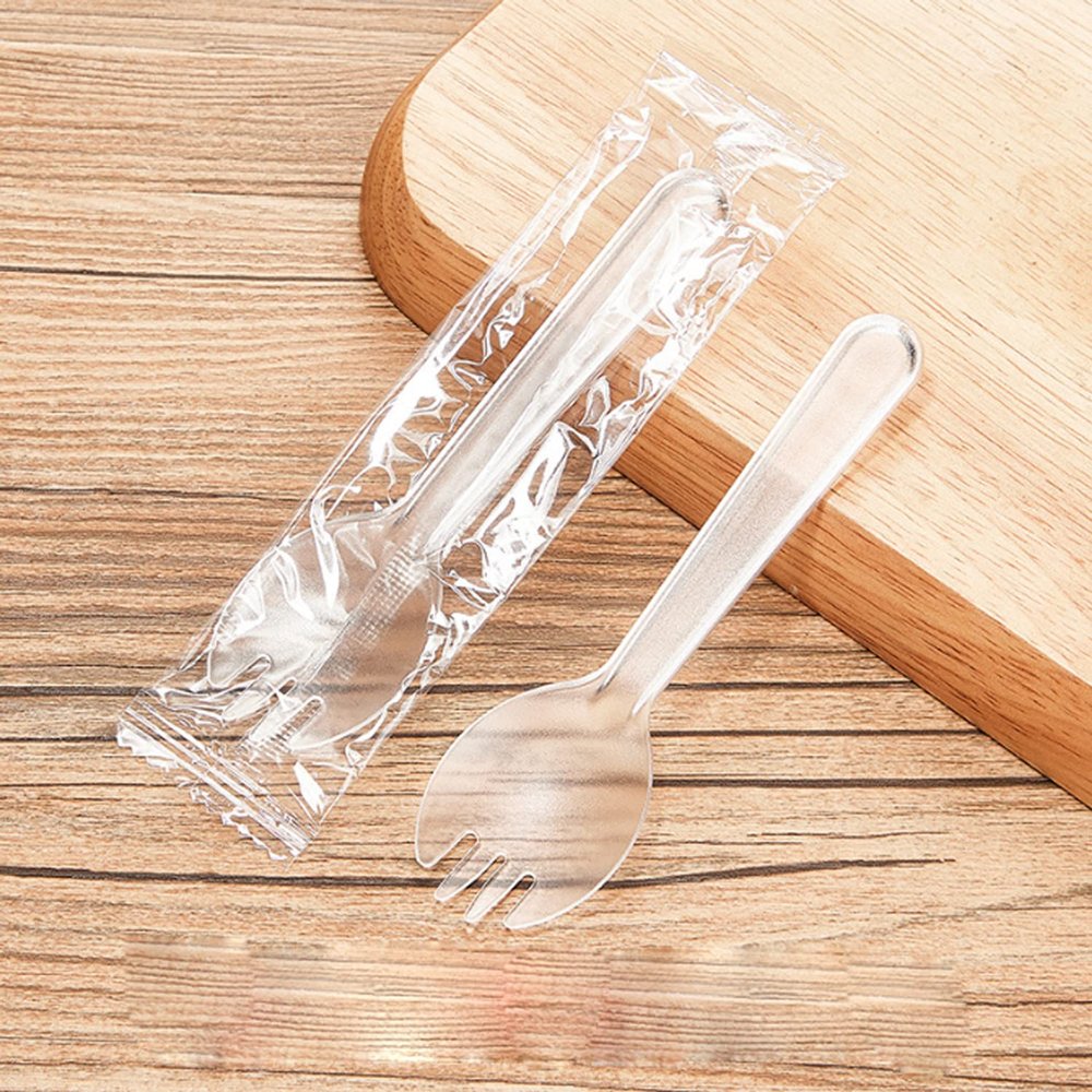 Individually Wrapped Disposable Spork, 100PCS Eco-Friendly Durable and Strong Plastic Sporks Great for Picnics or Restaurant and Party Supply (Clear)