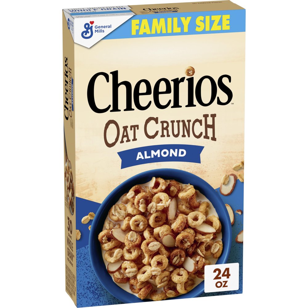 Cheerios Oat Crunch Almond Breakfast Cereal, Made with Whole Grain, Family Size, 24 oz