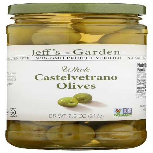 Jeffs Garden Natural Whole Castelvetrano Olives, USDA Organic, Vegan, Gluten Free, Non GMO, No Artificial Flavors, 7.5 Ounce (Pack of 6)
