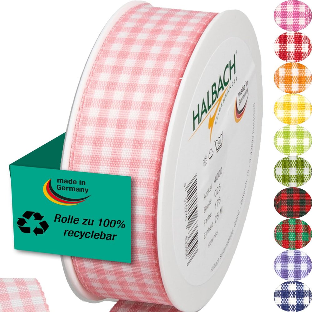 Halbach Seidenbnder Vichy 25mm Pale Pink Check Ribbon for Gift Wrapping, Celebration Ribbon