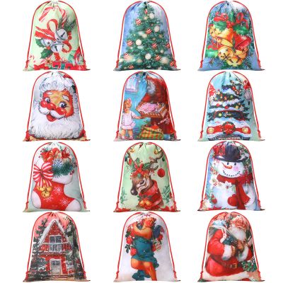 12 Pcs Christmas Drawstring Gift Bags Christmas Goody Treat Bags Santa Claus Xmas Tree Winter Snowflakes Snowman Wrapping Gift Popuches for Kids Holiday Birthday Party (vintage, 13.2 x 16.3 In)
