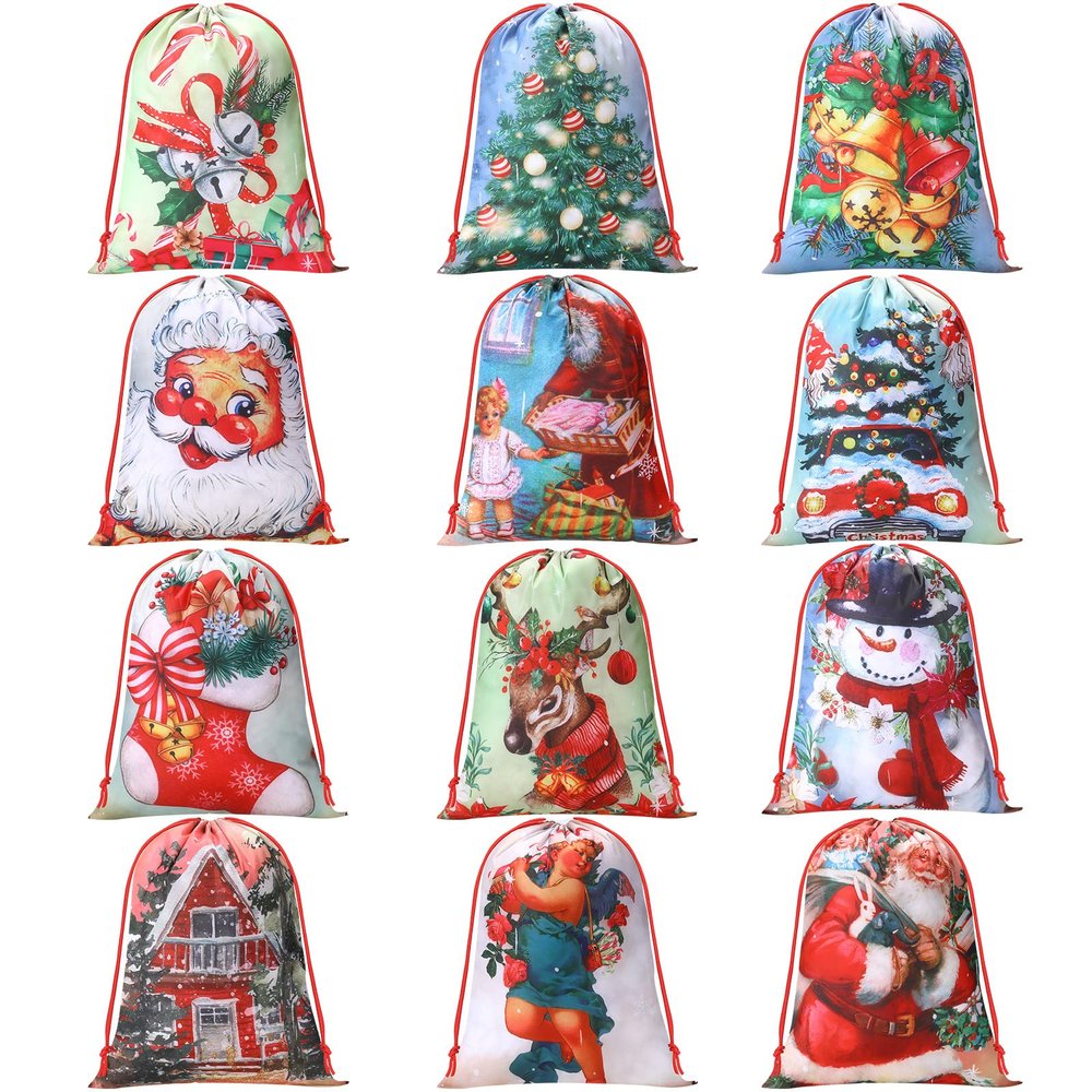 12 Pcs Christmas Drawstring Gift Bags Christmas Goody Treat Bags Santa Claus Xmas Tree Winter Snowflakes Snowman Wrapping Gift Popuches for Kids Holiday Birthday Party (vintage, 13.2 x 16.3 In)