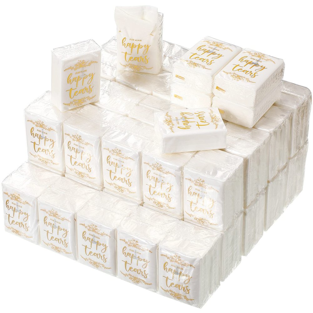 100 Pack For Your Happy Tears Wedding Tissues for Guests 3 Ply Pocket Size, Individual Travel Facial Tissue Packs for Wedding Party Favors(Classic)