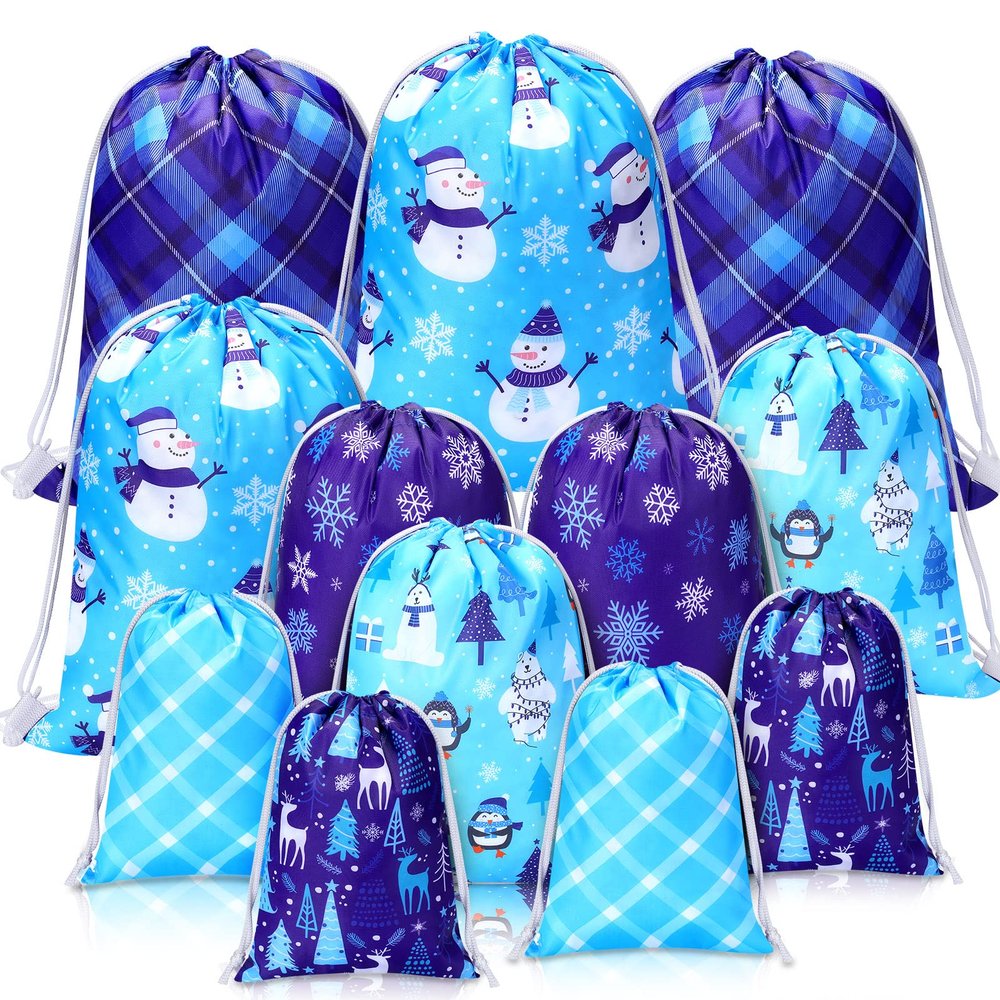 Xuniea 12 Pcs Christmas Drawstring Backpack Gift Goody Treat Bags Xmas Tree Santa Claus Winter Snowflakes Snowman Wrapping Gift Bags for Holiday Birthday Party (Snowflake,Assorted Sizes)