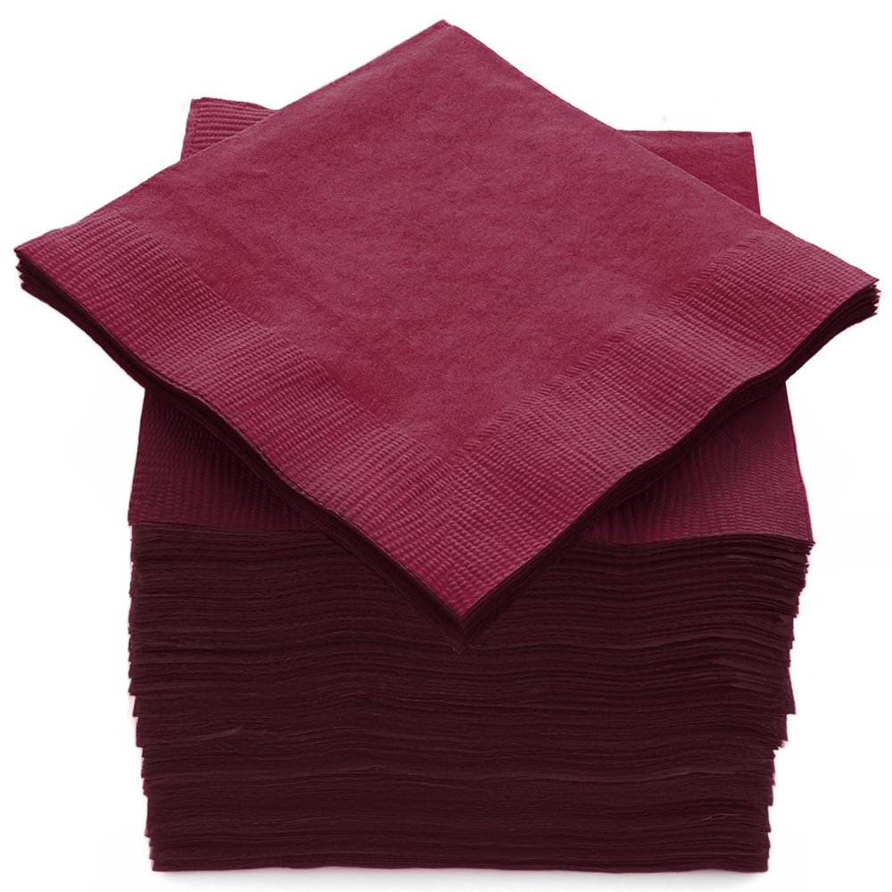 100 Pack Burgundy Beverage Napkins, Big Party Pack, 2 Ply, Ideal for Wedding, Party, Birthday, Dinner, Lunch, Cocktails. (5 x 5) by Amcrate