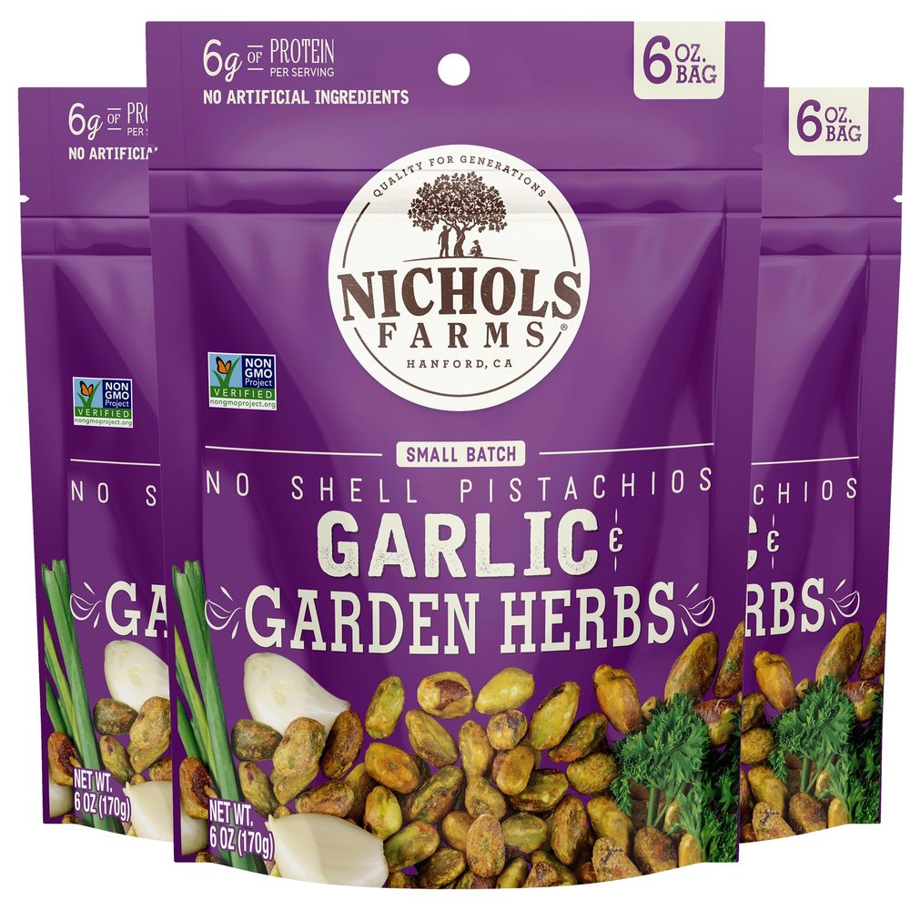 Nichols Farms Pistachios - Fresh Roasted No Shell Pistachio - Nutrient Rich Nuts Snack Packs - Non-GMO, California Grown - Healthy, Wonderful Tasting, Party Snack - (Garlic & Garden Herbs)
