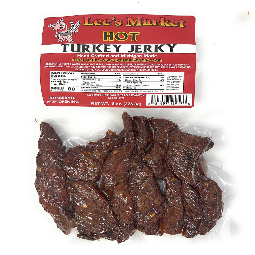 Lee's Market Hot Turkey Jerky - Soft & Tender - Healthy Low Carb, Gluten-Free Snack - Paleo & Keto-Friendly - Michigan Made Handcrafted Jerky - Specialty Gourmet Meat Snacks - 8oz