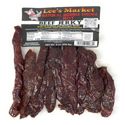 Lee's Market Natural Double-Smoke Hot Beef Jerky - Soft & Tender - Healthy Low Carb, Gluten-Free Snack - Paleo & Keto-Friendly - Michigan Made Handcrafted Jerky - Specialty Gourmet Meat Snacks - 8oz