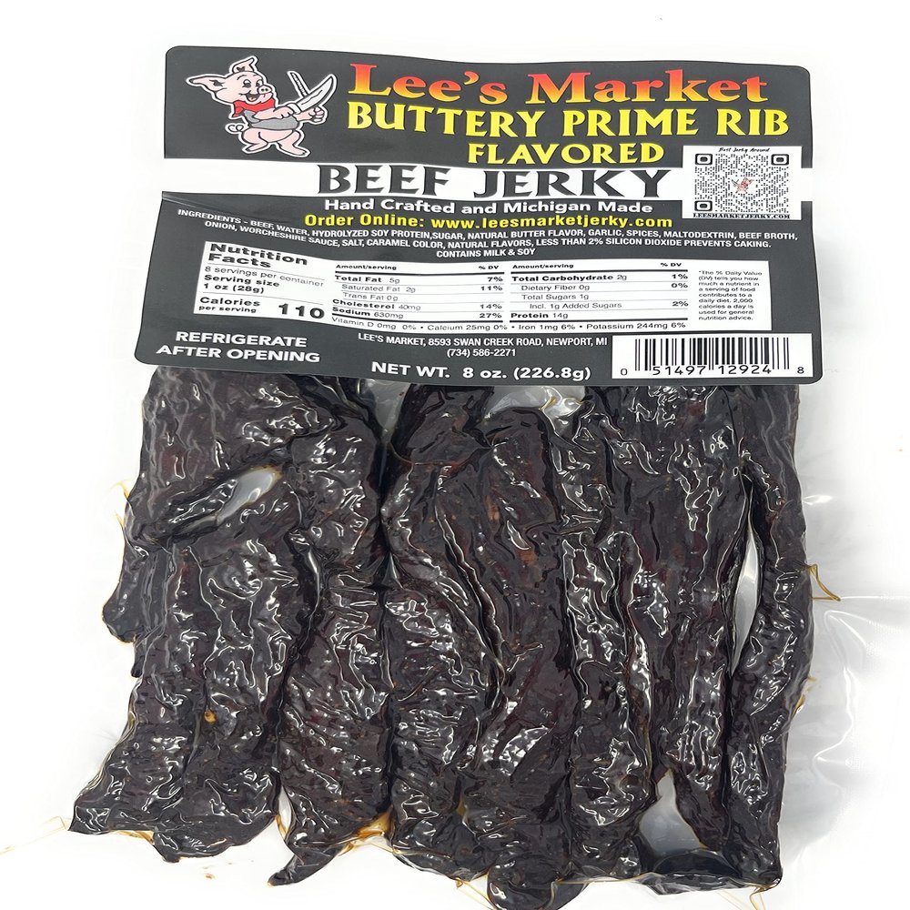 Lee's Market Buttery Prime Rib Flavored Beef Jerky - Soft & Tender - Healthy Low Carb, Gluten-Free Snack - Paleo & Keto-Friendly - Michigan Made Handcrafted Jerky - Specialty Gourmet Meat Snacks - 8oz