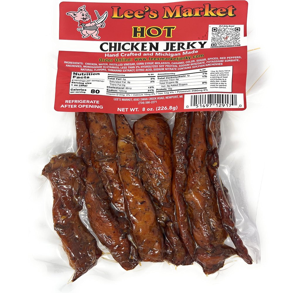 Lee's Market Hot Chicken Jerky - Soft & Tender - Healthy Low Carb, Gluten-Free Snack - Paleo & Keto-Friendly - Michigan Made Handcrafted Jerky - Specialty Gourmet Meat Snacks - 8oz