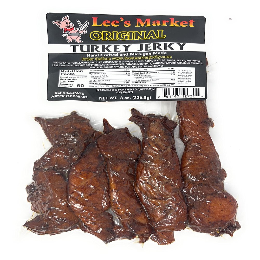 Lee's Market Original Turkey Jerky - Soft & Tender - Healthy Low Carb, Gluten-Free Snack - Paleo & Keto-Friendly - Michigan Made Handcrafted Jerky - Specialty Gourmet Meat Snacks - 8oz