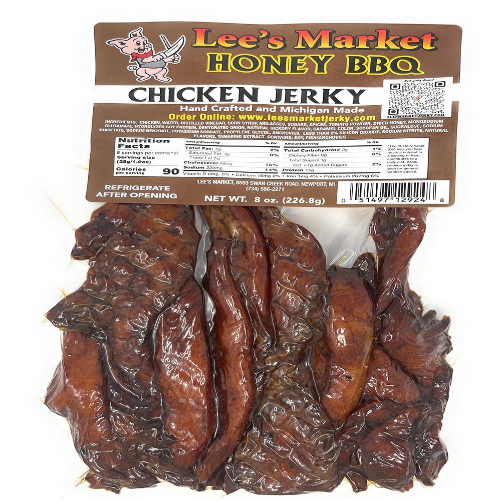 Lee's Market Honey BBQ Chicken Jerky - Soft & Tender - Healthy Low Carb, Gluten-Free Snack - Paleo & Keto-Friendly - Michigan Made Handcrafted Jerky - Specialty Gourmet Meat Snacks - 8oz