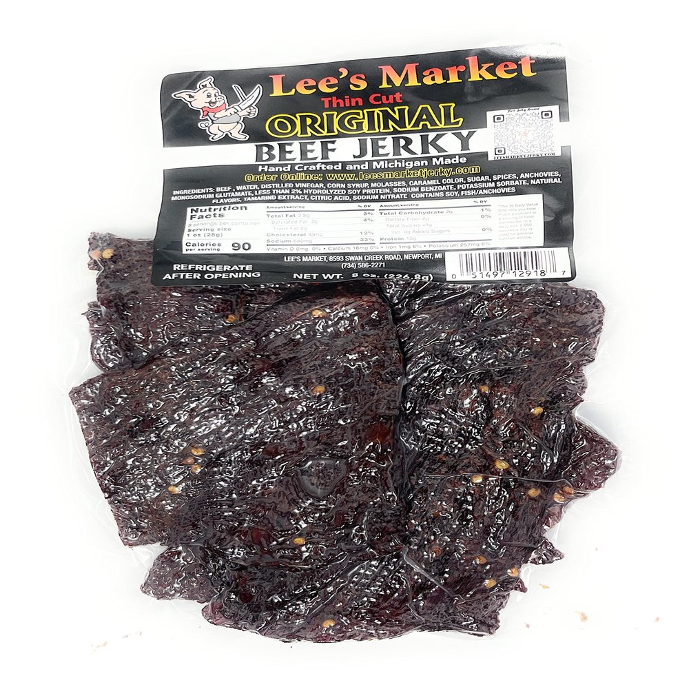 Lee's Market Thin Cut Original Beef Jerky - Soft & Tender - Healthy Low Carb, Gluten-Free Snack - Paleo & Keto-Friendly - Michigan Made Handcrafted Jerky - Specialty Gourmet Meat Snacks - 8oz