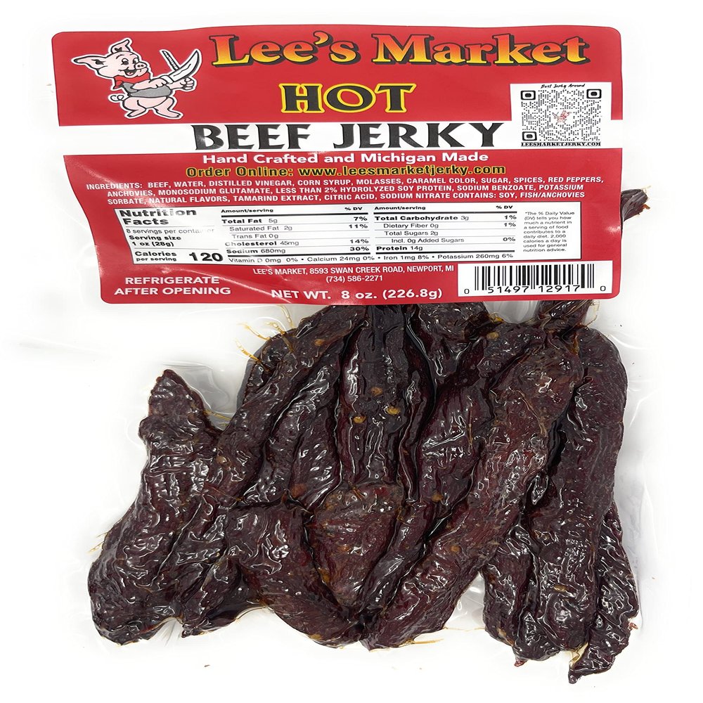 Lee's Market Hot Beef Jerky - Soft & Tender - Healthy Low Carb, Gluten-Free Snack - Paleo & Keto-Friendly - Michigan Made Handcrafted Jerky - Specialty Gourmet Meat Snacks - 8oz