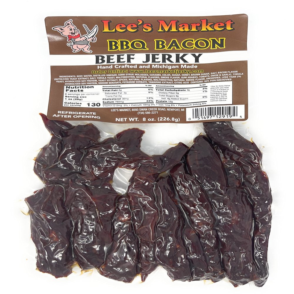 Lee's Market BBQ Bacon Beef Jerky - Soft & Tender - Healthy Low Carb, Gluten-Free Snack - Paleo & Keto-Friendly - Michigan Made Handcrafted Jerky - Specialty Gourmet Meat Snacks - 8oz