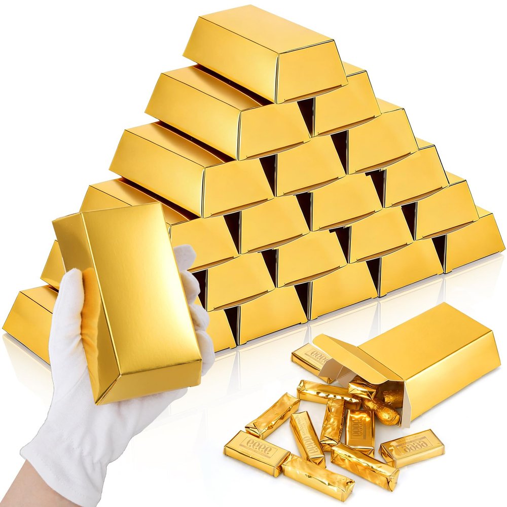 Elsjoy 100 Pack Gold Bar Gift Box, Fake Gold Bar Party Favor Treat Boxes, Golden Brick Treasure Boxes for Chocolate, Candy, Pirate & Casino Themed Party