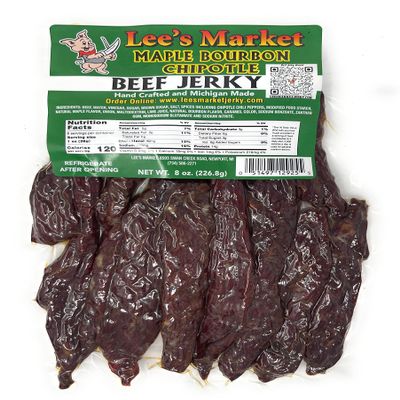 Lee's Market Maple Bourbon Chipotle Beef Jerky - Soft & Tender - Healthy Low Carb, Gluten-Free Snack - Paleo & Keto-Friendly - Michigan Made Handcrafted Jerky - Specialty Gourmet Meat Snacks - 8oz