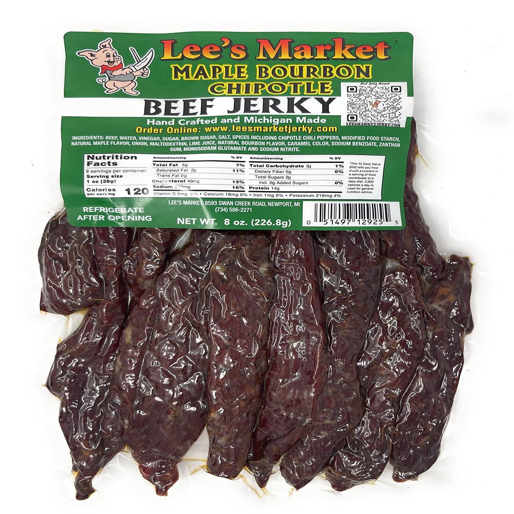 Lee's Market Maple Bourbon Chipotle Beef Jerky - Soft & Tender - Healthy Low Carb, Gluten-Free Snack - Paleo & Keto-Friendly - Michigan Made Handcrafted Jerky - Specialty Gourmet Meat Snacks - 8oz