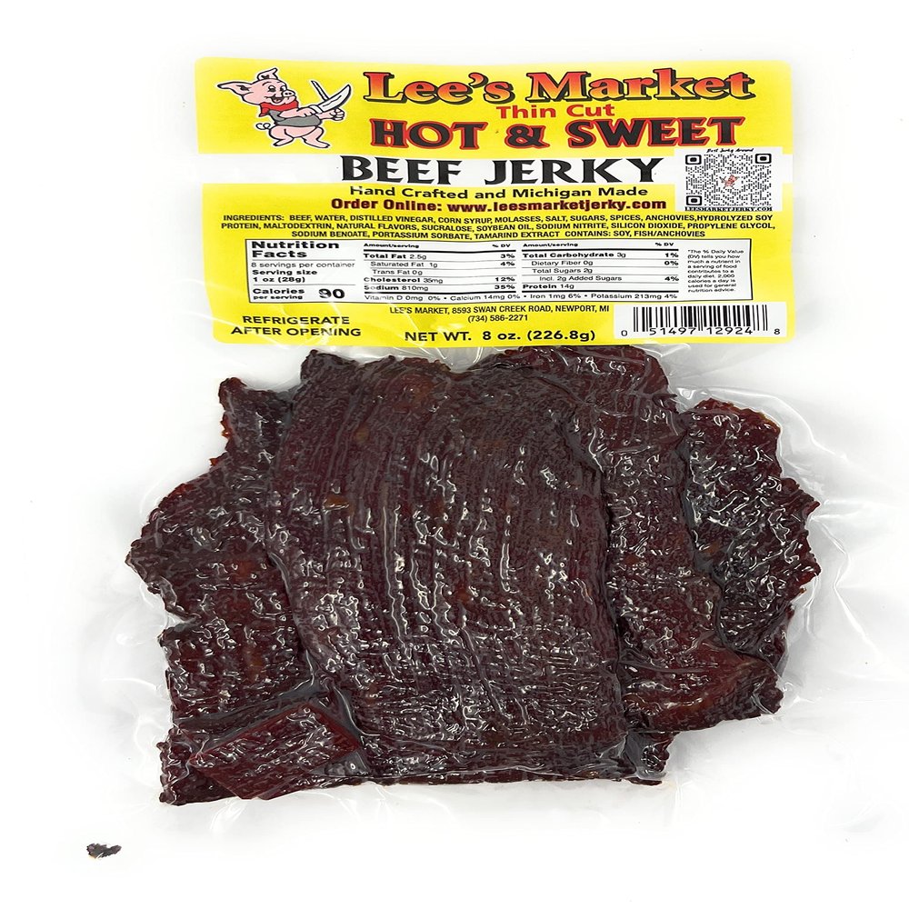 Lee's Market Hot & Sweet Thin Cut Beef Jerky - Soft & Tender - Healthy Low Carb, Gluten-Free Snack - Paleo & Keto-Friendly - Michigan Made Handcrafted Jerky - Specialty Gourmet Meat Snacks - 8oz