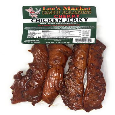 Lee's Market Maple Jalapeno Cherry Chicken Jerky - Soft & Tender - Healthy Low Carb, Gluten-Free Snack - Paleo & Keto-Friendly - Michigan Made Handcrafted Jerky - Specialty Gourmet Meat Snacks - 8oz