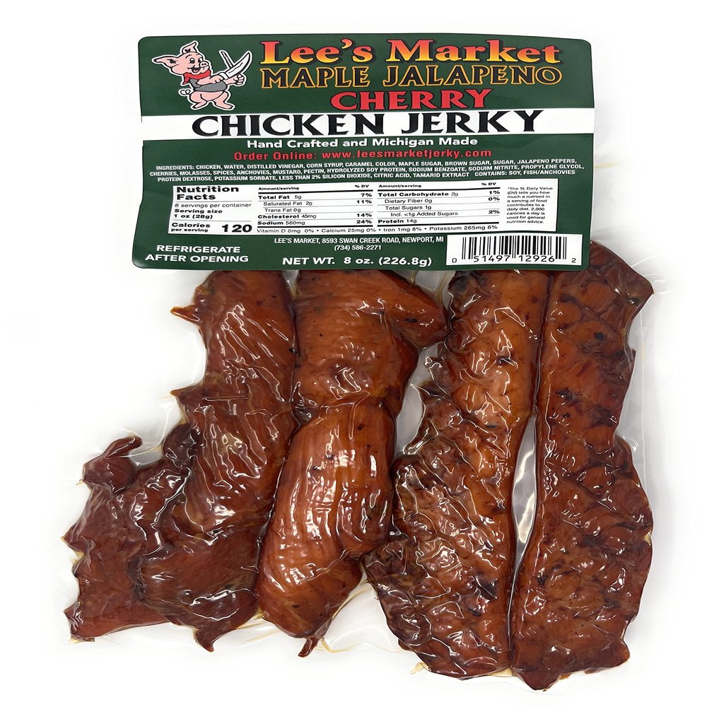 Lee's Market Maple Jalapeno Cherry Chicken Jerky - Soft & Tender - Healthy Low Carb, Gluten-Free Snack - Paleo & Keto-Friendly - Michigan Made Handcrafted Jerky - Specialty Gourmet Meat Snacks - 8oz
