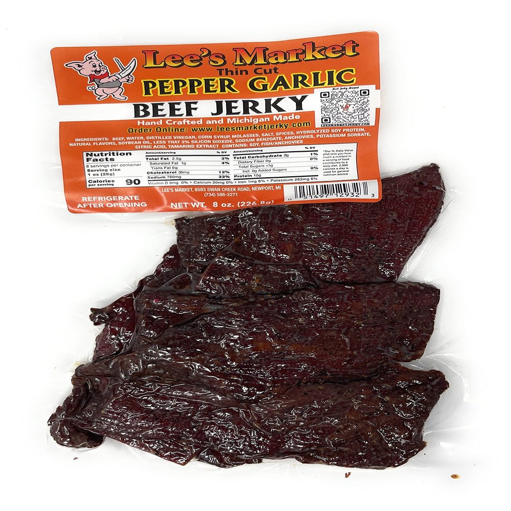 Lee's Market Pepper Garlic Thin Cut Beef Jerky - Soft & Tender - Healthy Low Carb, Gluten-Free Snack - Paleo & Keto-Friendly - Michigan Made Handcrafted Jerky - Specialty Gourmet Meat Snacks - 8oz