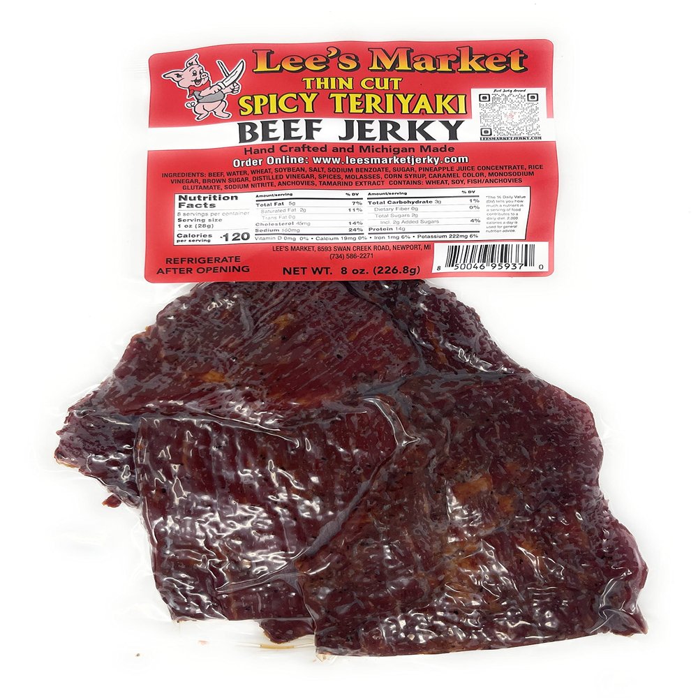 Lee's Market Spicy Teriyaki Thin Cut Beef Jerky - Soft & Tender - Healthy Low Carb, Gluten-Free Snack - Paleo & Keto-Friendly - Michigan Made Handcrafted Jerky - Specialty Gourmet Meat Snacks - 8oz