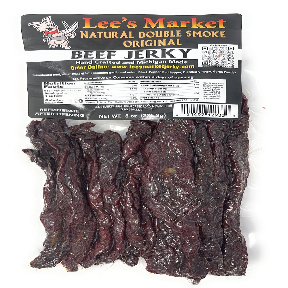Lee's Market Natural Double-Smoke Beef Jerky - Soft & Tender - Healthy Low Carb, Gluten-Free Snack - Paleo & Keto-Friendly - Michigan Made Handcrafted Jerky - Specialty Gourmet Meat Snacks - 8oz
