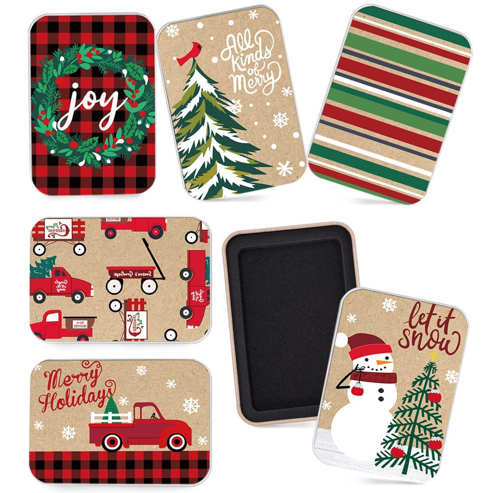 Whaline 12Pcs Christmas Tin Gift Card Holder Boxes 6 Design Metal Box with Lids Rustic Xmas Tree Snowman Tin Box Container for Christmas Stocking Stuffer Cards Crafts Party Favors