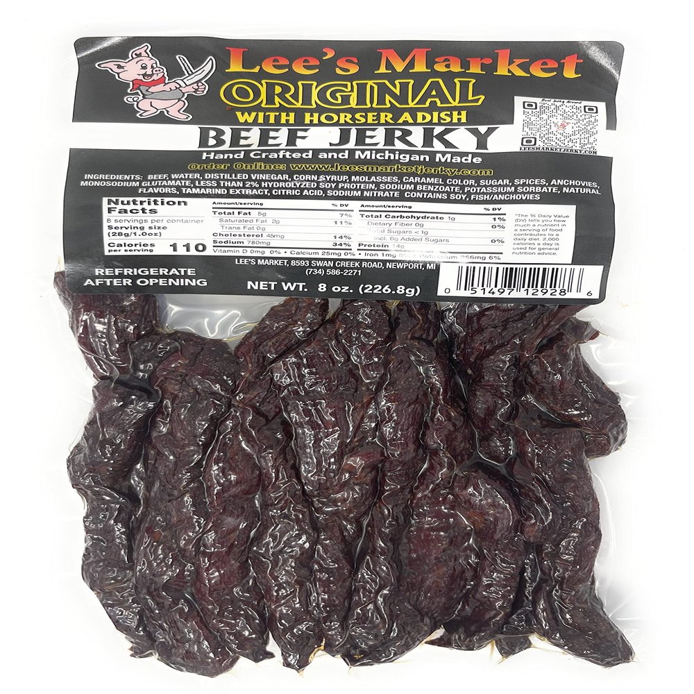 Lee's Market Horseradish Beef Jerky - Soft & Tender - Healthy Low Carb, Gluten-Free Snack - Paleo & Keto-Friendly - Michigan Made Handcrafted Jerky - Specialty Gourmet Meat Snacks - 8oz