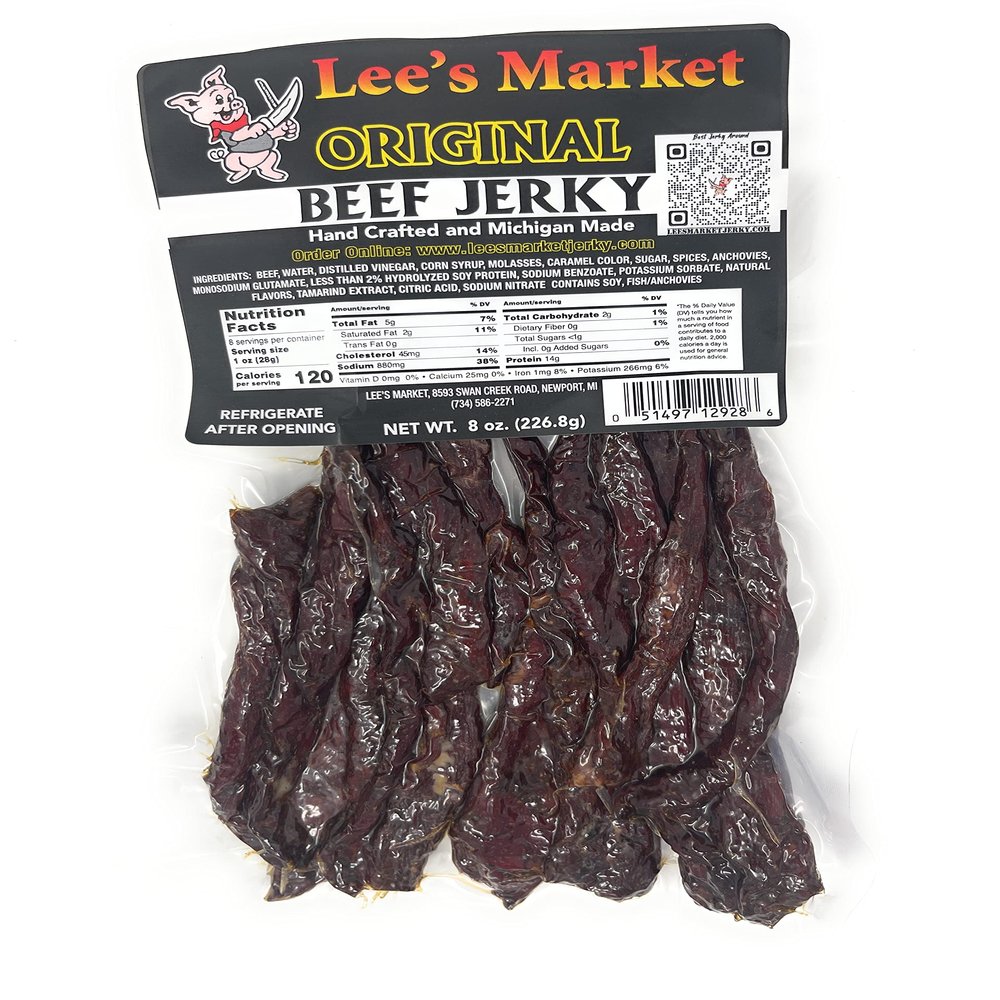 Lee's Market Original Beef Jerky - Soft & Tender - Healthy Low Carb, Gluten-Free Snack - Paleo & Keto-Friendly - Michigan Made Handcrafted Jerky - Speciality Gourmet Meat Snacks - 8oz
