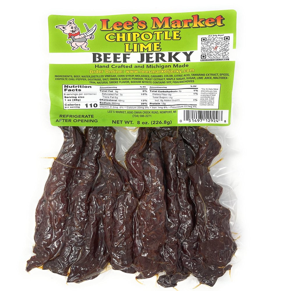 Lee's Market Chipotle Lime Beef Jerky - Soft & Tender - Healthy Low Carb, Gluten-Free Snack - Paleo & Keto-Friendly - Michigan Made Handcrafted Jerky - Specialty Gourmet Meat Snacks - 8oz