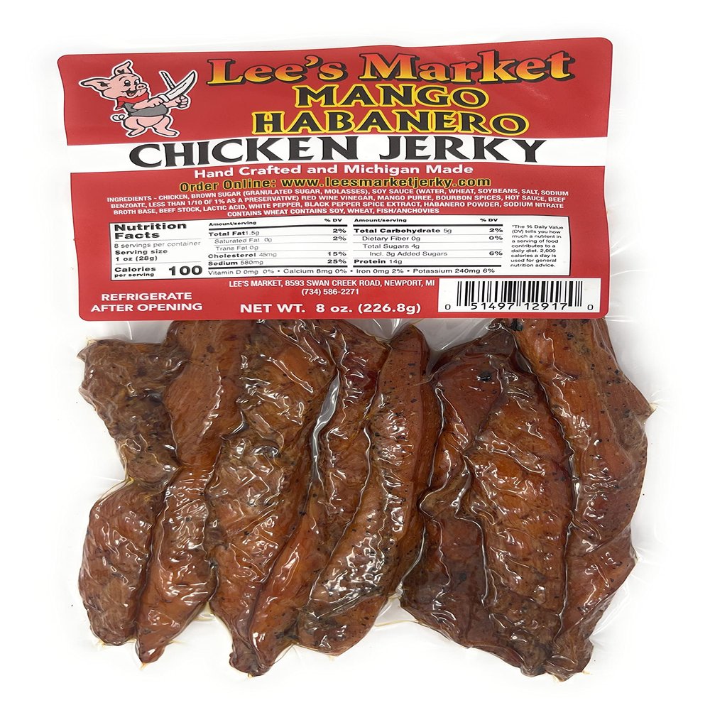Lee's Market Mango Habanero Chicken Jerky - Soft & Tender - Healthy Low Carb, Gluten-Free Snack - Paleo & Keto-Friendly - Michigan Made Handcrafted Jerky - Specialty Gourmet Meat Snacks - 8oz