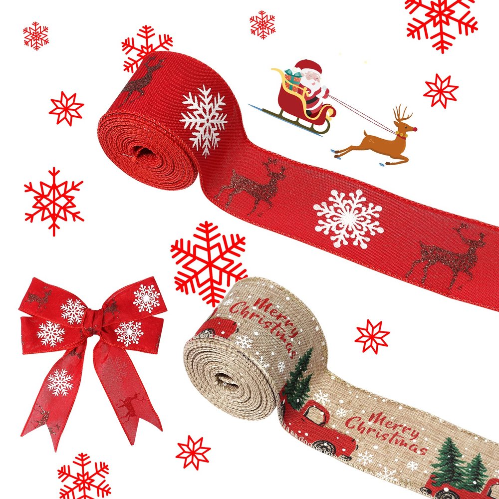 Christmas Ribbon Wired 2.5 x 11 Yards,Red and Burlap Christmas Ribbon for Wreaths Bows DIY Crafts 2.5 inch Wide Wired Christmas Gift Ribbon for Christmas Home Decor Gift Wrapping