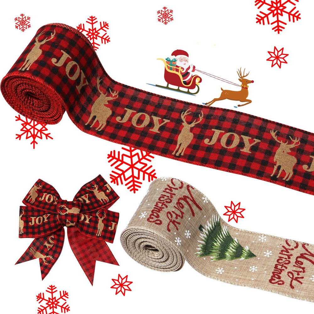 Christmas Ribbon Wired 2.5 x 11 Yards,Red and Burlap Christmas Ribbon for Wreaths Bows DIY Crafts 2.5 inch Wide Wired Christmas Gift Ribbon for Christmas Home Decor Gift Wrapping