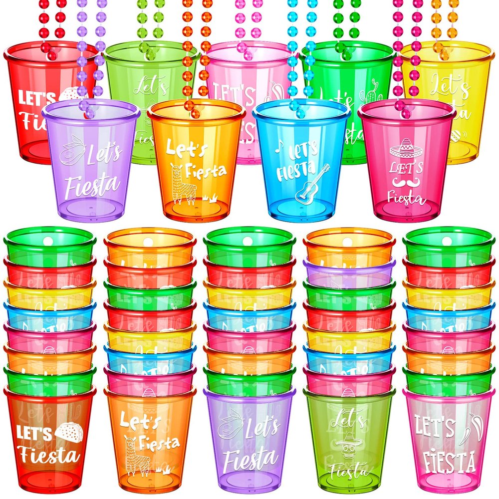 Janmercy 27 Pcs Let's Fiesta Shot Glass Necklaces Mexican Cinco De Mayo Party Favor Decorations Bulk Plastic Fiesta Bachelorette Bead Cups Necklaces for Mexican Party Supplies, 9 Colors
