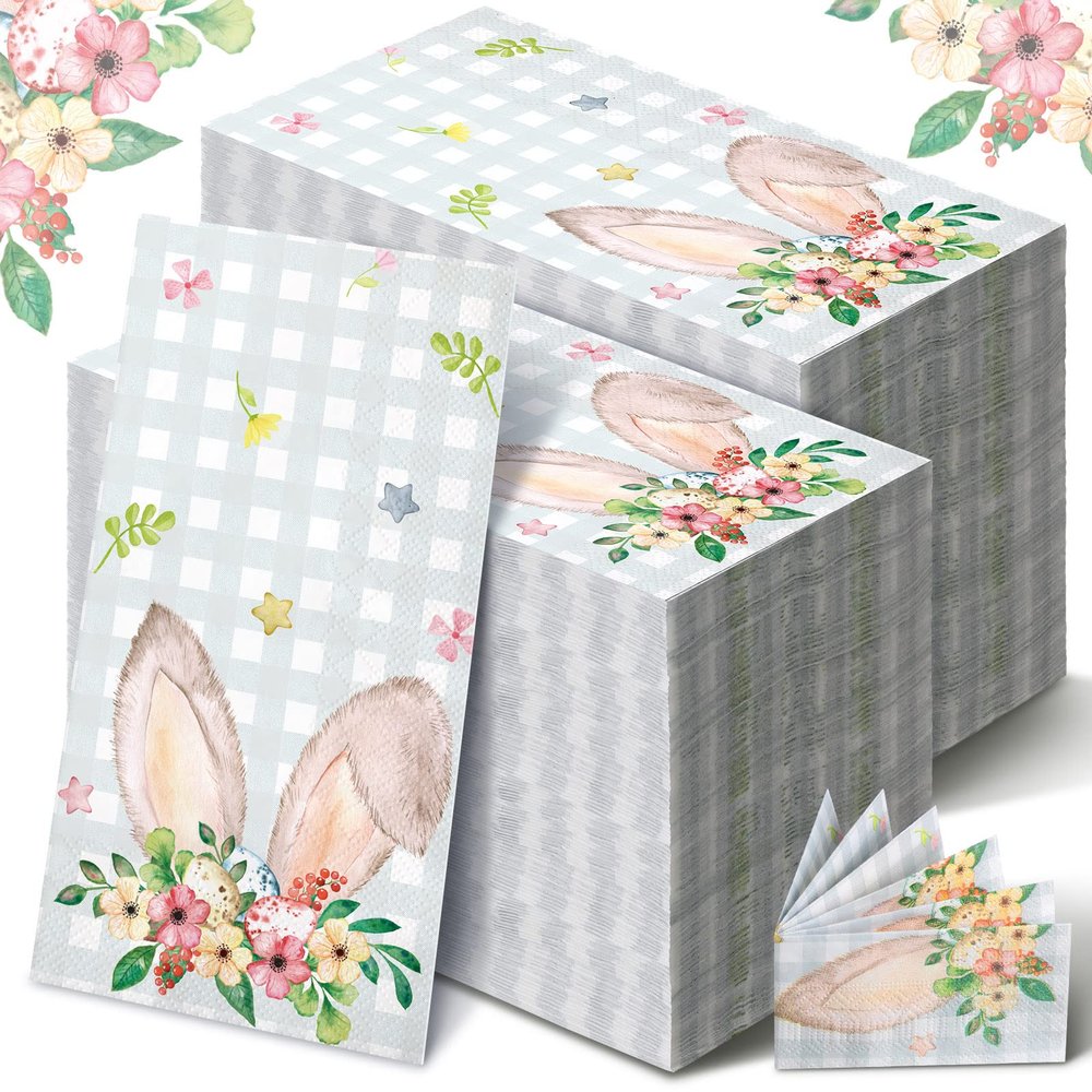 Sinmoe 200 Pcs Easter Paper Napkins 2 Ply Bunny Guest Bathroom Napkins Spring Disposable Paper Hand Towels for Holiday Party Dinner Toilet