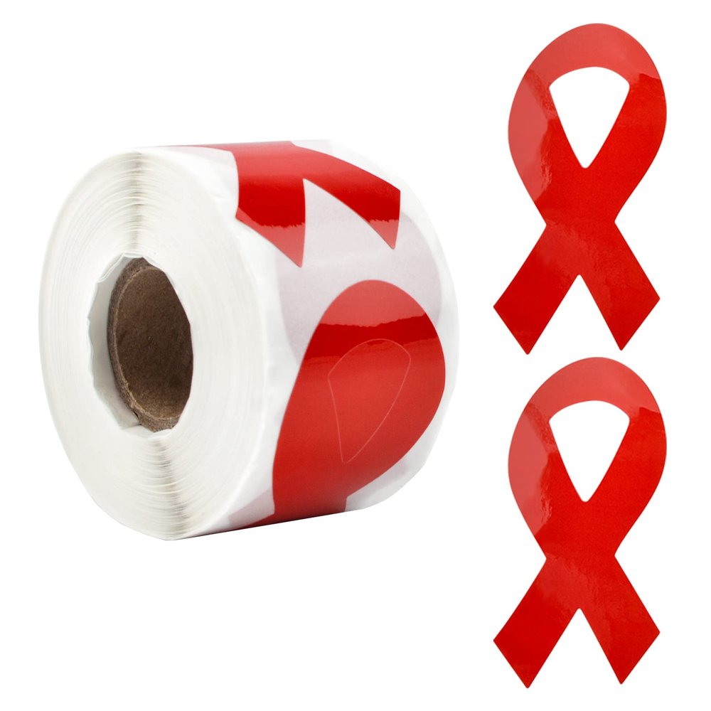 CRAFFANCY Red Ribbon Awareness Stickers, 250 Pcs Heart Pattern, Red, Paper, Roll, Indoor Use