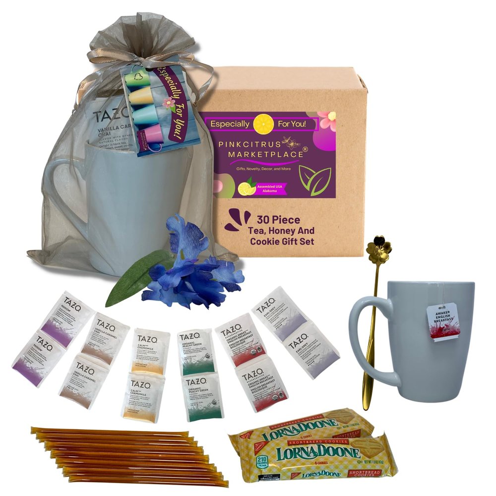 Tea Honey And Cookies Lovers Gift Basket Set Care Package For Women, Men, Family and Friends, Get Well Soon, 12 Teabags Assortment 6 Flavors, 2 Packs Shortbread Cookies, 12 Honey Straw With 14oz Mug