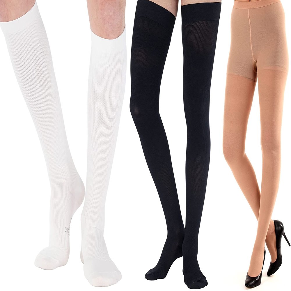 (6 Pairs) Plus Size Thigh Hi Compression Socks 20-30mmHg with Silicone Grip Top - Unisex Graduated Compression Stockings Hose for Improving Circulation - Black & White & Beige, 2X-Large