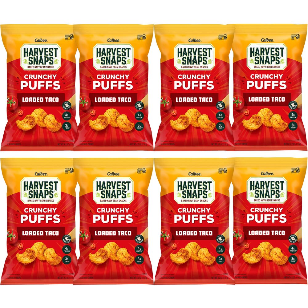 Harvest Snaps Veggie Chips (Loaded Taco Crunchy Puffs) | Powered by Plant Protein, Gluten Free Baked Vegetable Crisps | Made in USA (8 Snack Packs)
