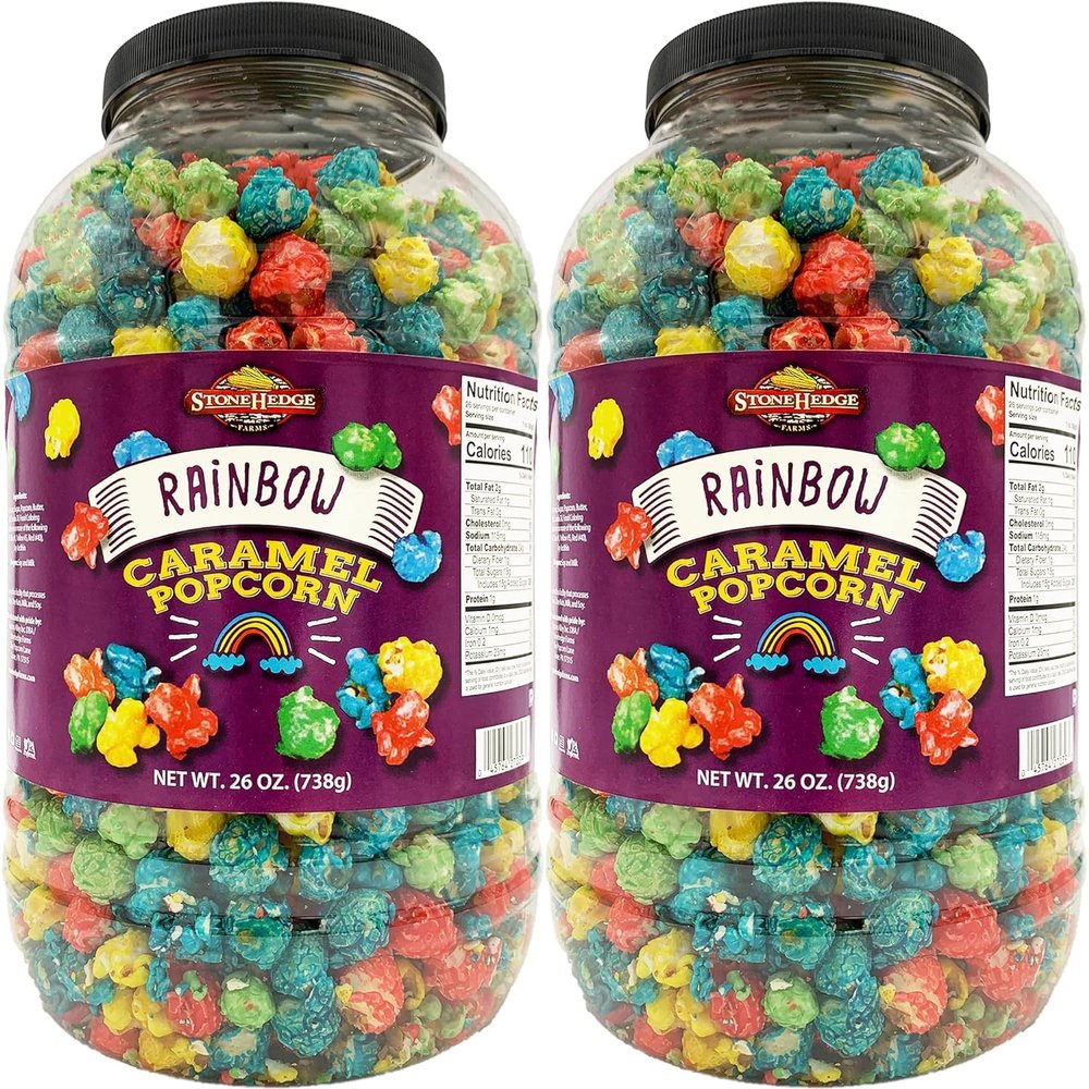 Stonehedge Farms Flavored Rainbow Caramel Popcorn | 26 oz Tub (Pack of 2) | Reclosable Barrels | Red, Yellow, Green and Blue | Colorful Gourmet Carmel Popped Pop Corn | Bulk Shareable Gift