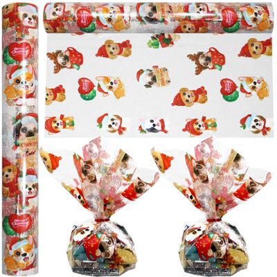 AnapoliZ Christmas Cellophane Wrap Roll | 100 Ft Long X 16 in. Wide | 2.3 Mil Crystal Clear Christmas Puppies Cellophane | Gifts, Baskets, Treats Cello Wrapping Paper | Christmas Puppies Cello Roll