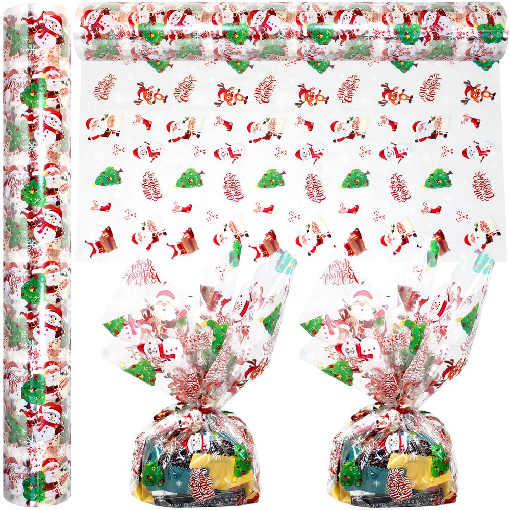 AnapoliZ Christmas Cellophane Wrap Roll | 100 Ft Long X 16 in. Wide | 2.3 Mil Crystal Clear Merry Christmas Cellophane | Gifts, Baskets, Treats Wrapping Paper | Santa, Snowman, Reindeer Cello Roll