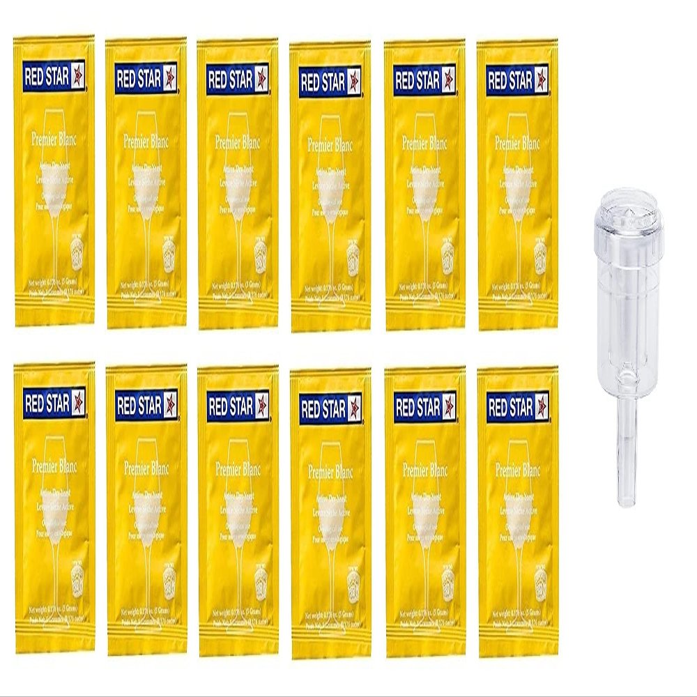 North Mountain Supply Red Star Premier Blanc Wine Yeast - Pack of 12 - with Free 2-Piece Airlock